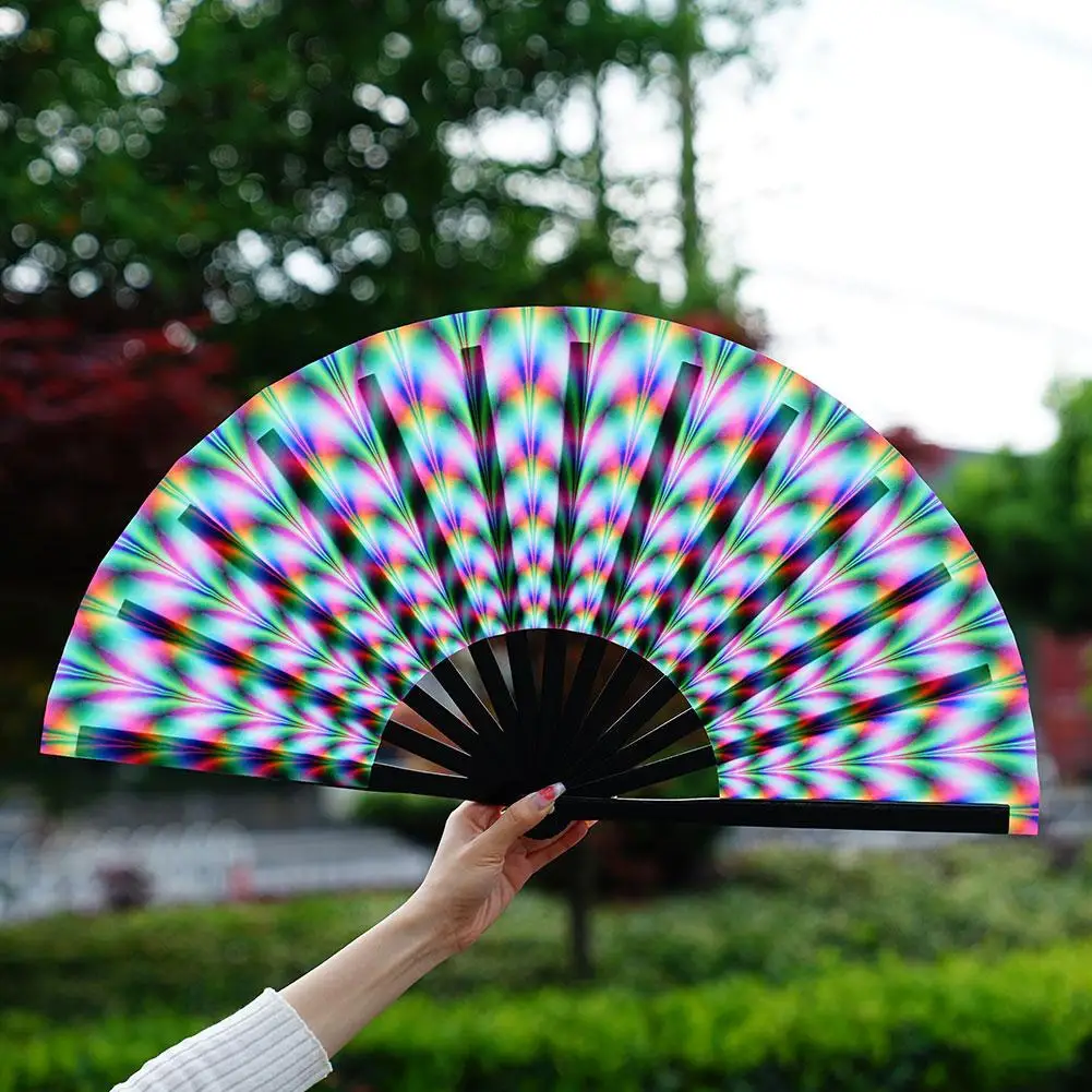 33cm Large Folding Hand Rave Fan Chinease/Japanese Gradient Colorful Reflective Foldable Fan Music Festival Dance Gifts folding fan hand fan