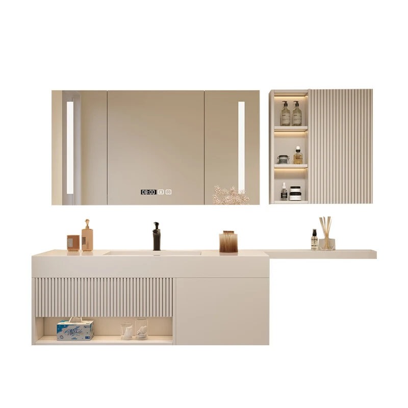 

Modern minimalist rock panel bathroom cabinet seamless ceramic integrated basin toilet extension edge bathroom oak combination