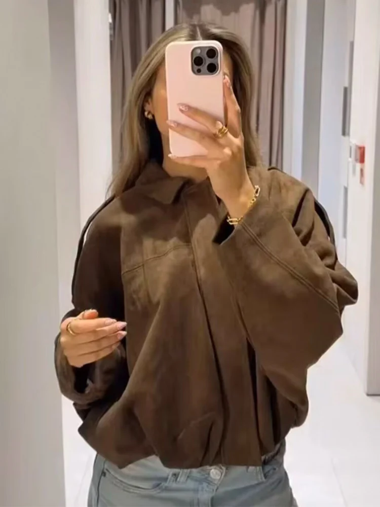 Women Green Suede Jacket 2026 New Spring Fashion Long Sleeve Zipper Oversize Bomber Jackets Chic Female Street Casual Coats ﻿