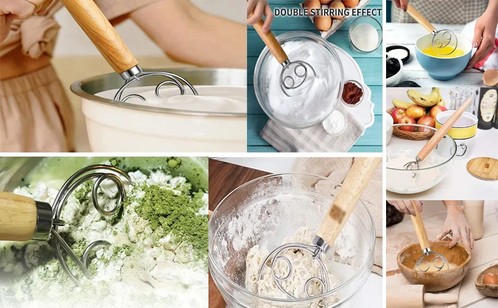 Description Picture 4 of itemDough Mixer Wooden Handle 430 Stainless Steel Bread Dough Whisk Bread Baking Bread Pastry & Pizza Dough Mixer Accessories Tools