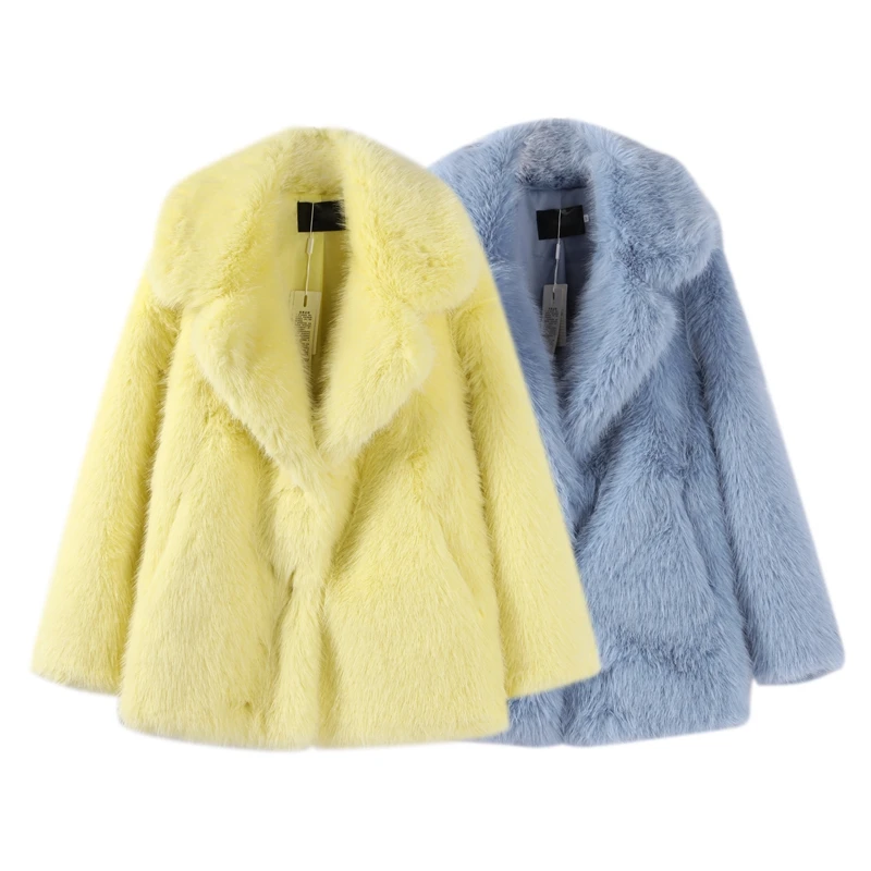 Luxury Faux Fur Women's Coat Turn down Collar Long Sleeve Button Pocket Soft Overcoat Thick Warm Winter Outerwear for Ladies