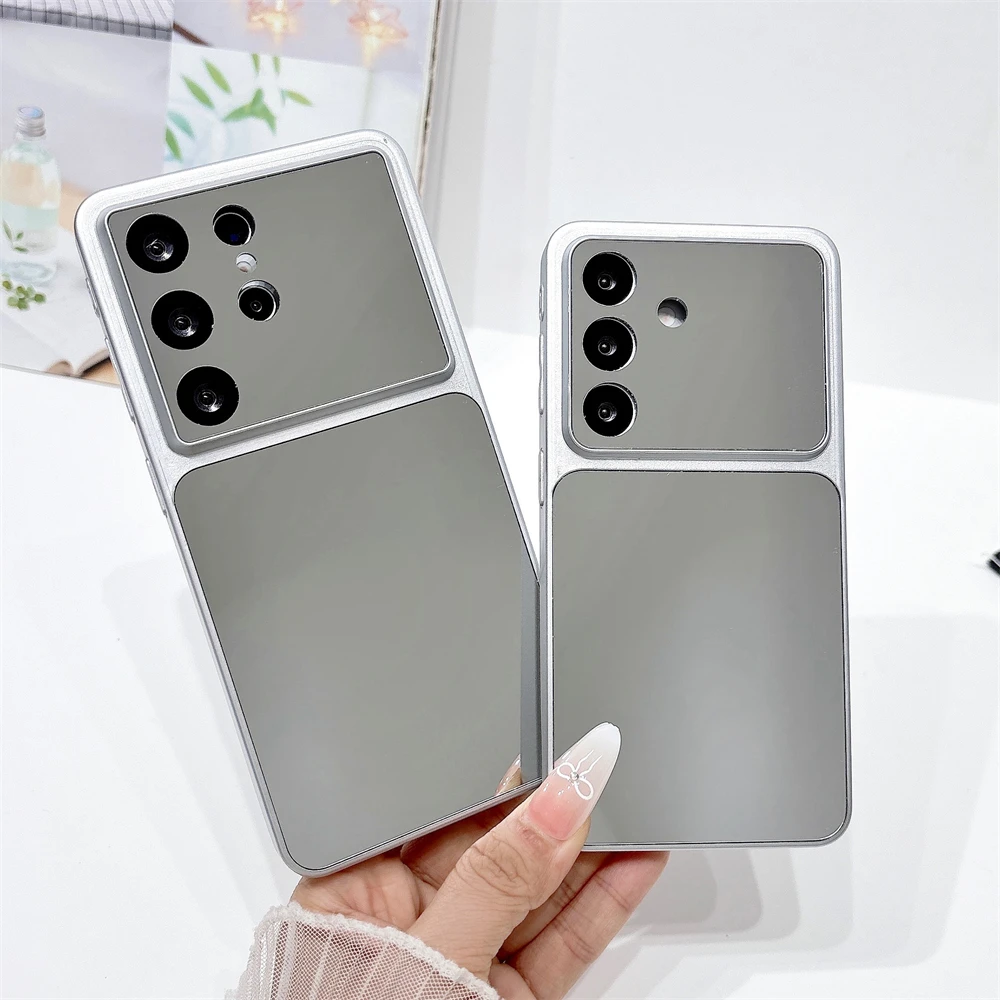 Luxury Silver Makeup Mirror Phone Case with Large Window and Anti-Drop Protection