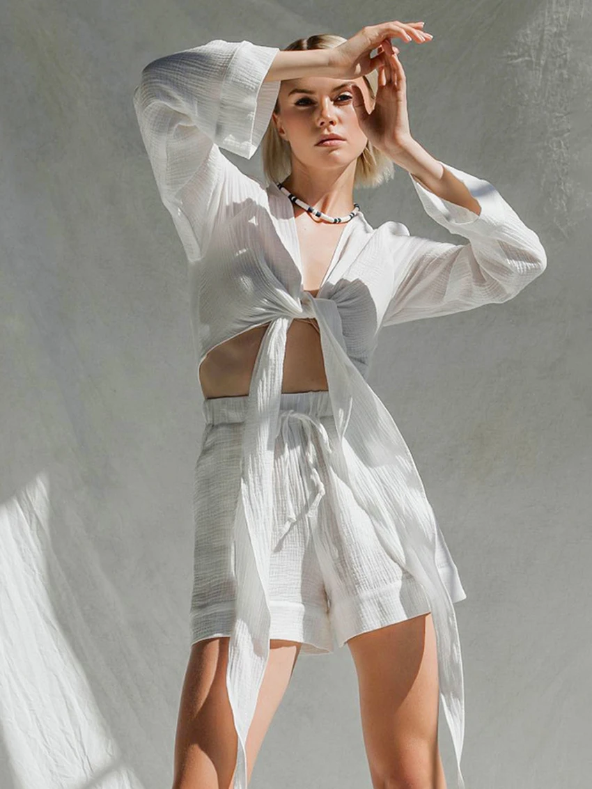 Marthaqiqi Cotton Women Nightgown Set Sexy V-Neck Sleepwear Lace Up Nightwear Crop Top Pajama Shorts Fashion Ladies Nightie Suit