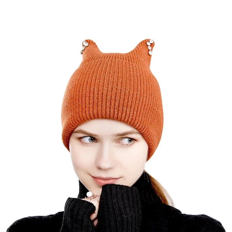 

Europe America Style Knitted Hat with Ears Solid Color Autumn Winter Woolen Hat Girl Women Cute Pullover Caps Gorros Invierno