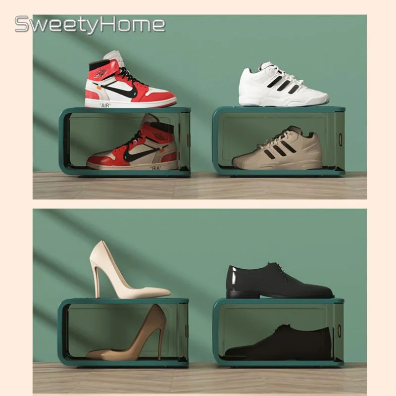 5pcs Fashion Womens Shoe Box Plastic Heavy Duty Stackable Shoe Storage Box Transparent Cover Style Random Color 
