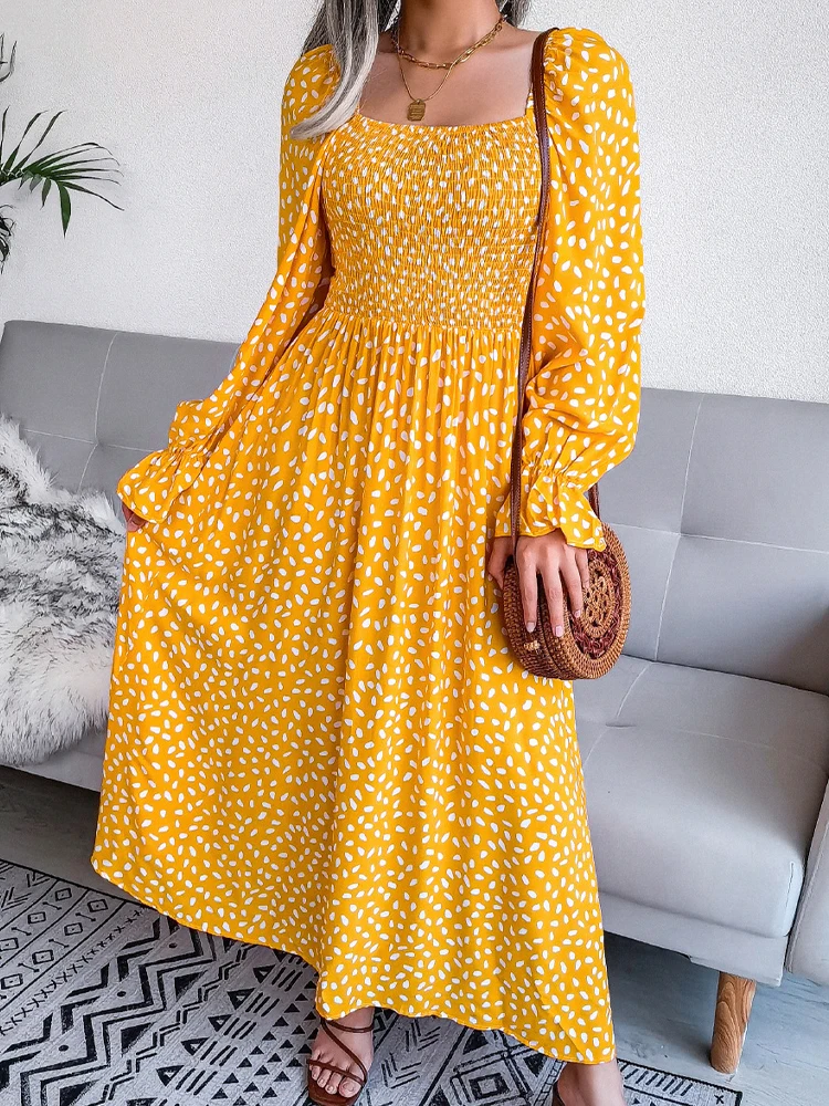 

Autumn Elegant Long Dresses Women Square Neck Backless Polka Dot Print Dress Female Casual Loose Long Sleeve Slim Pleated Dress