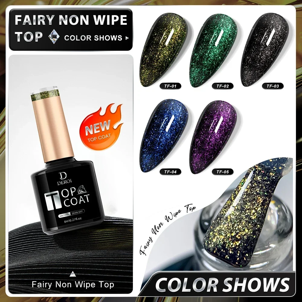 DEROI 8ML Sparkly No Wipe Gel Top Coat Glitter Topcoat Gold Foil UV Gel Matte Manicure Nail Art DIY Soak Off Shine Gel Polish 2