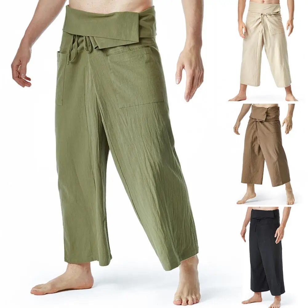 

Thai Fisherman Pants Summer Solid Color Drawstring Wide Legs Pockets Menswear Flax Casual Loose Men Martial Arts Trousers Daily