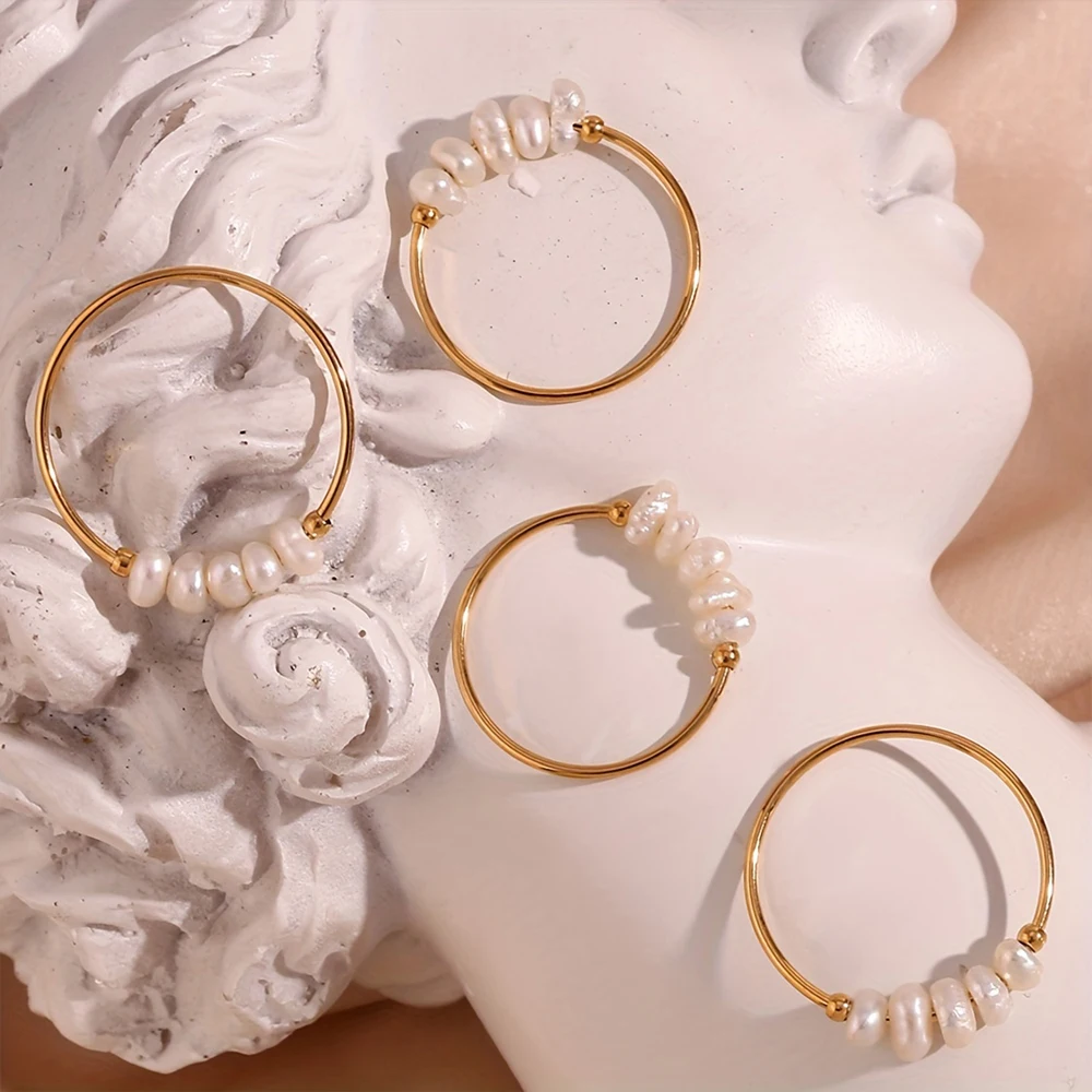 Fashion rings eManco freshwater pearls stainless steel gold-plated round holiday jewelry gifts