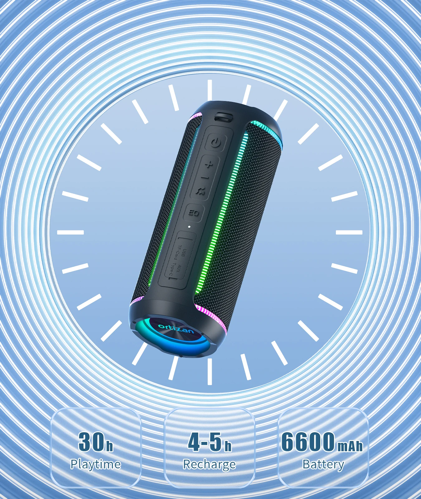 Ortizan X30 Portable Bluetooth Speakers Bass Boost 40W Powerful Wireless IPX7 Waterproof Speaker with 6600mAh Battery USB/TF/AUX 4