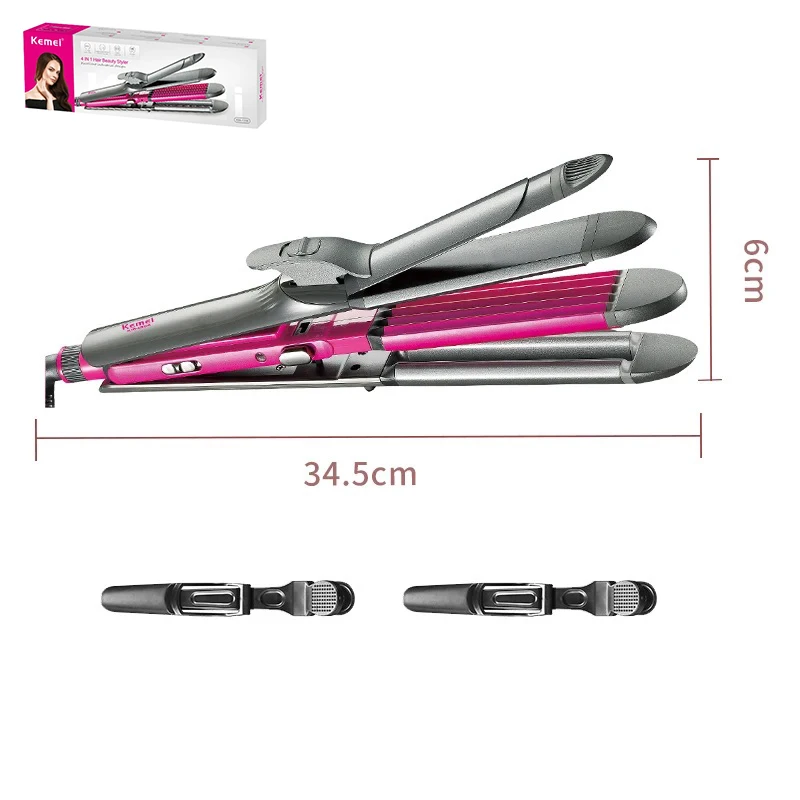 Kemei 4 in 1 Hair Straightener Crimper Hair Wand Curler Flat and Curling Iron Women Styling Waver Adjustable Temperature