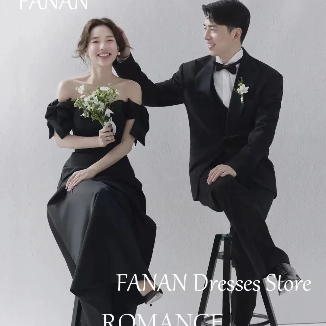 

FANAN Strapless A-Line Short Sleeves Evening Party Dresses Fashion Satin Black Korea Wedding Women Formal Gowns Event Prom Gowns