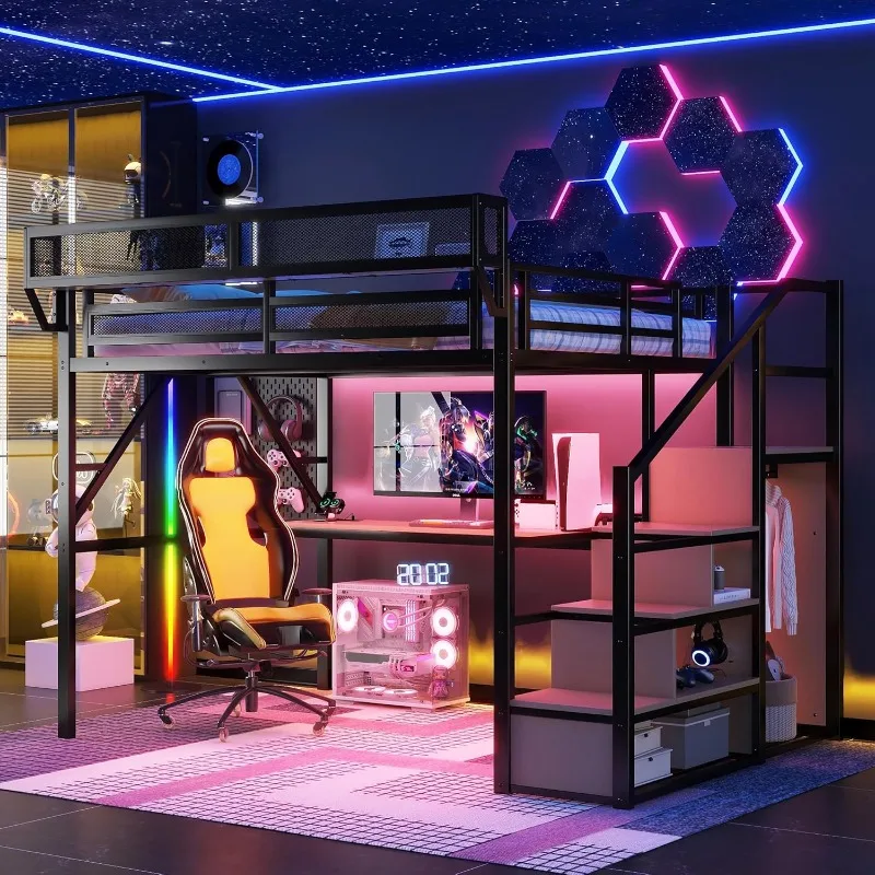 Metal Loft Bed with Desk and RGB LED Lights,Queen Size Loft Bed with Stairs and Charging Station,Kids Loft Beds