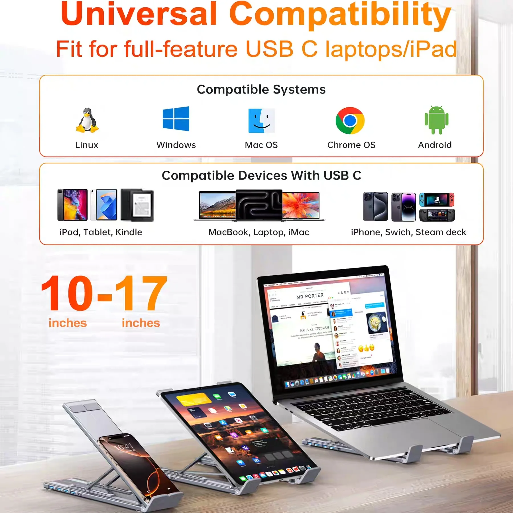FC&EC 8 IN 1 노트북 스탠드 도킹 스테이션 알루미늄 합금 접이식 및 리프팅 가능 USB-C 도킹 스테이션
