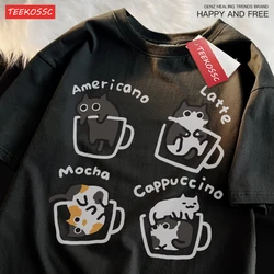 Mocha Latte Cat Graphic Pure Cotton Trendy Summer T-shirt - S (Black)