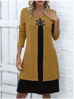 Women's One Piece Color Blocked Round Neck Dress Lady Long Sleeved  Button Up Dress Autumn Casual Elegant Dress - Image 3
