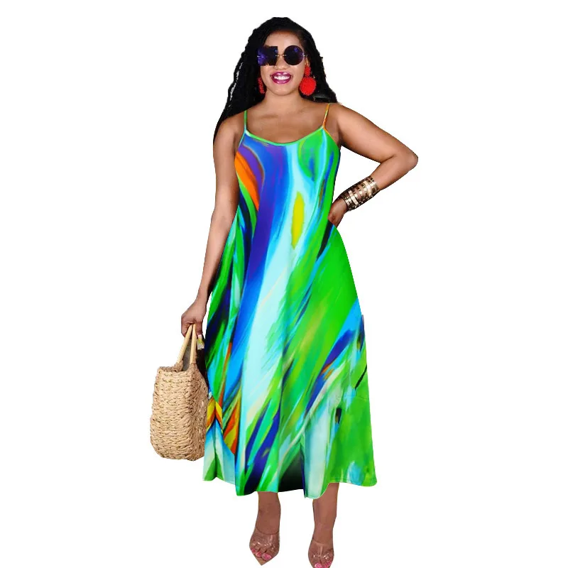 

Long African Dress Women Spaghetti Strap Ankle Length Robes Summer New Fashion Print Beach Style Holiday African Dress Vestidos