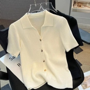 T-shirt da donna in maglia a costine con colletto polo, colore bianco crema, a maniche corte, elasticizzata, leggera, slim fit, per tutti i giorni, estiva, casual