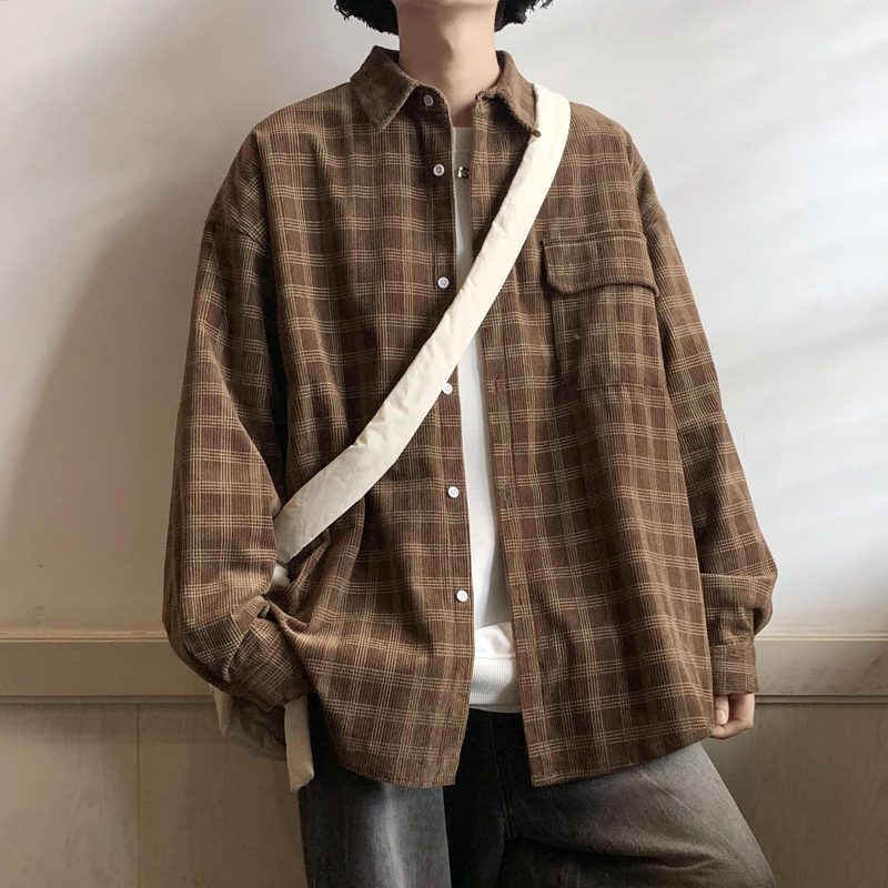 

Spring New Men's Corduroy Plaid Long Sleeve Shirts Lapel Korean Shirt Woman Fashion Casual Oversize 5xl Shirt Coat Quality Cloth