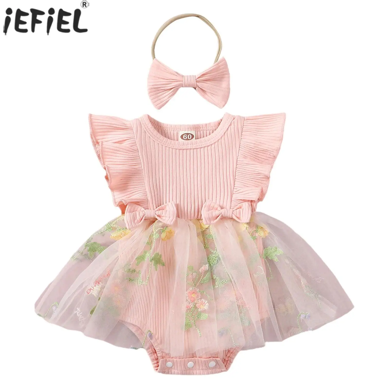 

Infant Baby Girl Birthday Party Romper Dress Summer Clothes Fly Sleeve Rib Knit Flower Embroidery Tulle Dresses with Headband