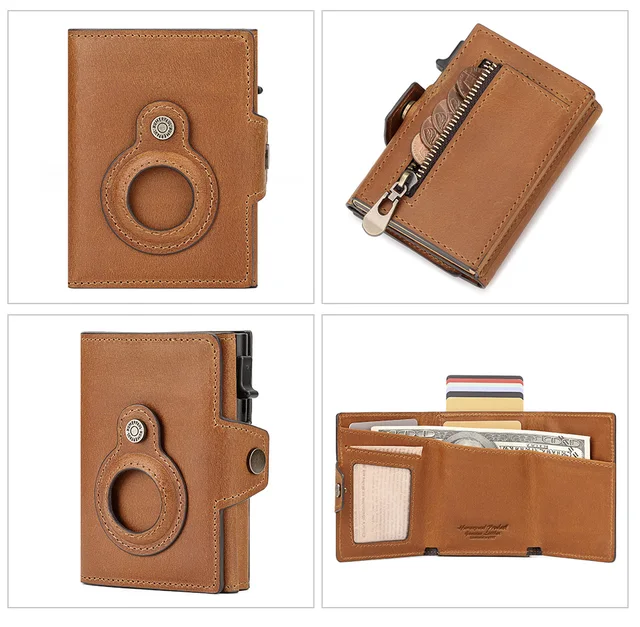 FIDWALL Porte-Cartes de crédit AirTag Wallet pour Hommes, Porte-Cartes en  Cuir RFID bloquant Le boîtier de Carte bancaire en métal Pop Up (Brun) :  : Mode