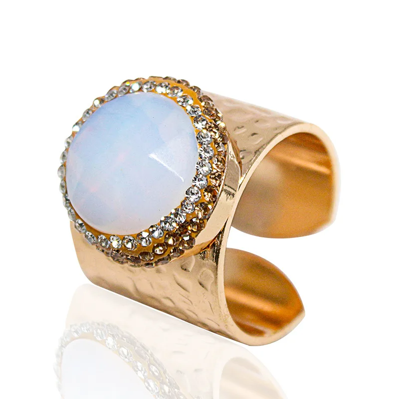 

2023 Opal Round Cut Inlaid Dot Diamond Round Interface Dot Diamond Bezel Gold Plated Adjustable Open Ring For Women Wholesale