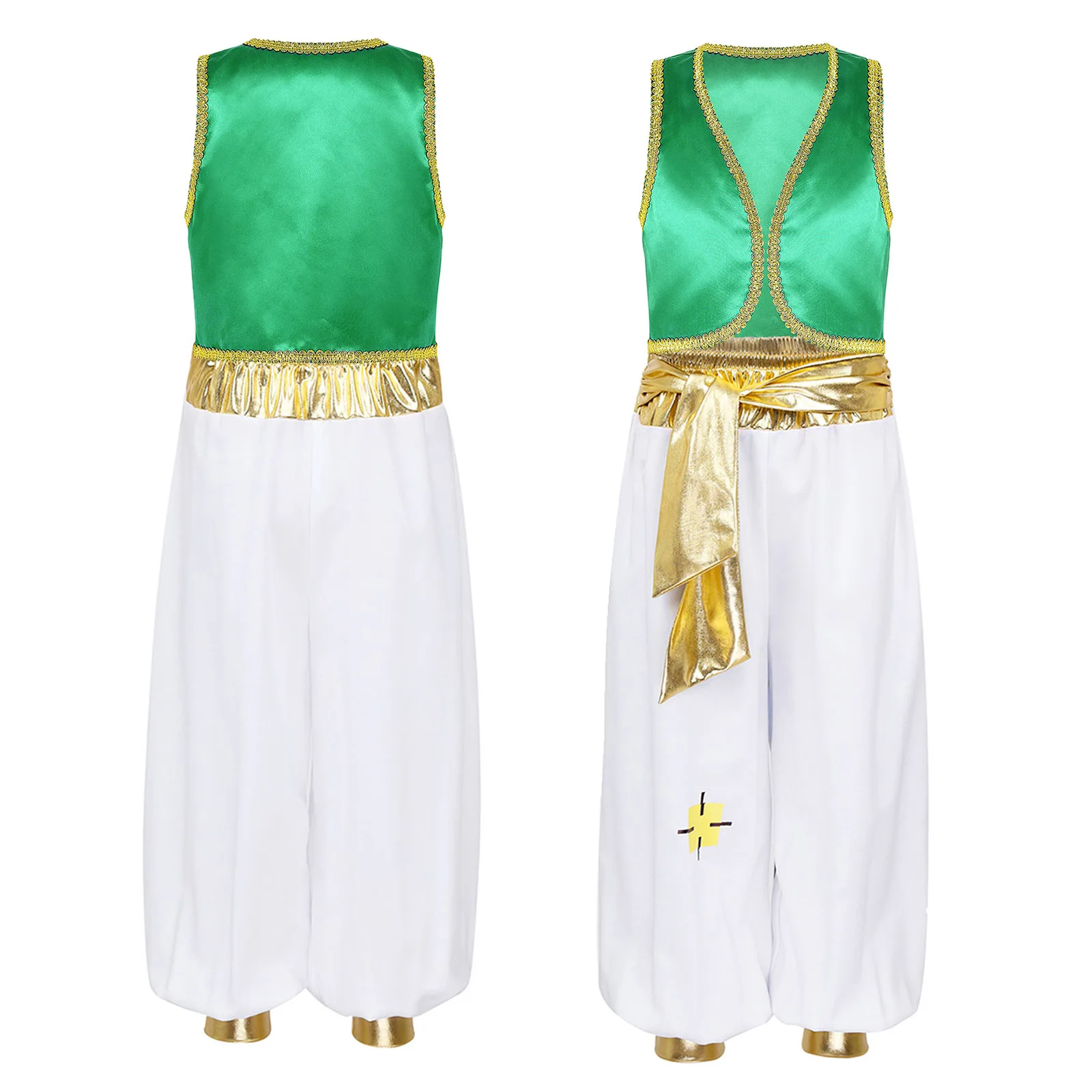 thumbnail image 1 of Disfraz de Cosplay árabe de Carnaval de Aladin de los reyes del Príncipe mítico para chico, chaleco frontal abierto con recorte trenzado y pantalones con cinturón, 1 of 5
