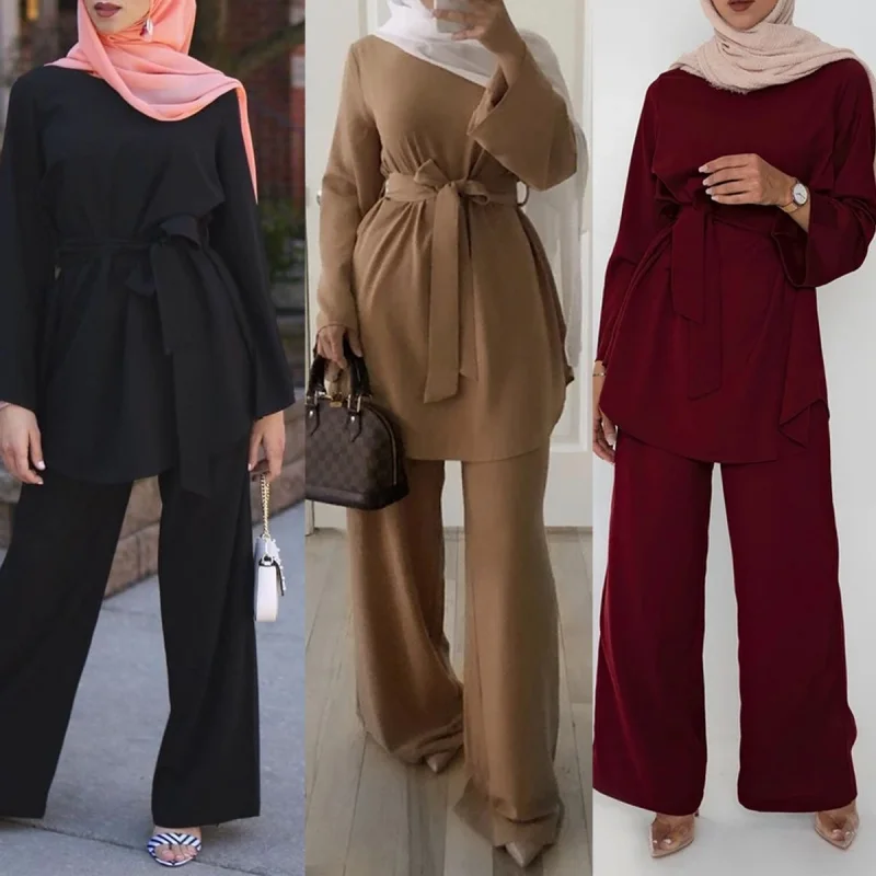 

2023 New Spring Summer Middle East Dubai Fashion Women's Simple Wide-Leg Pants Muslim Nida Lace-up Suit Women Muslim Sets