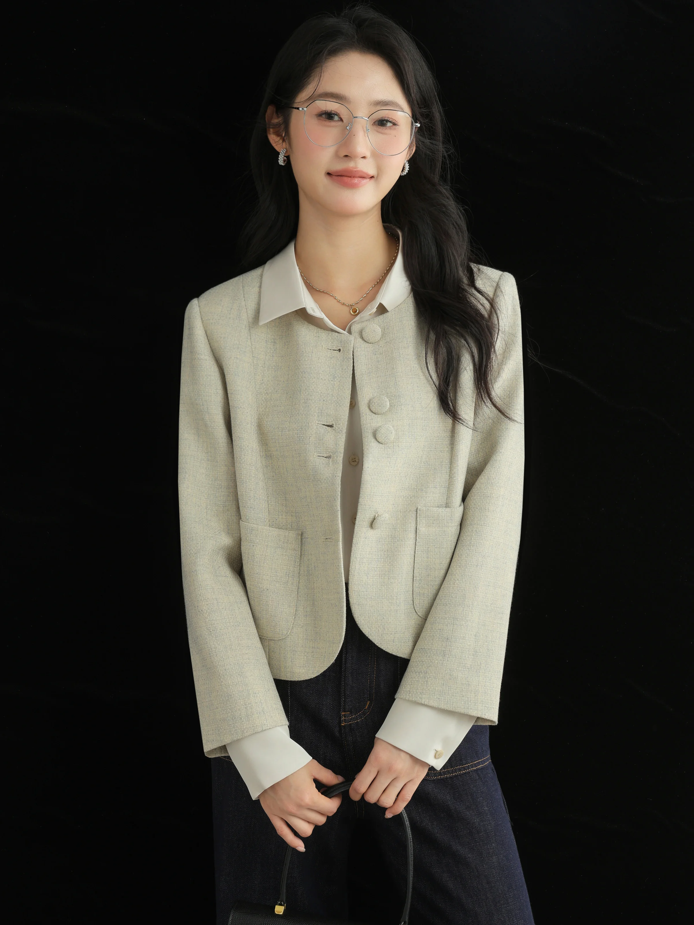 French Style Tweed Short Jacket Women Elegant Round Neck