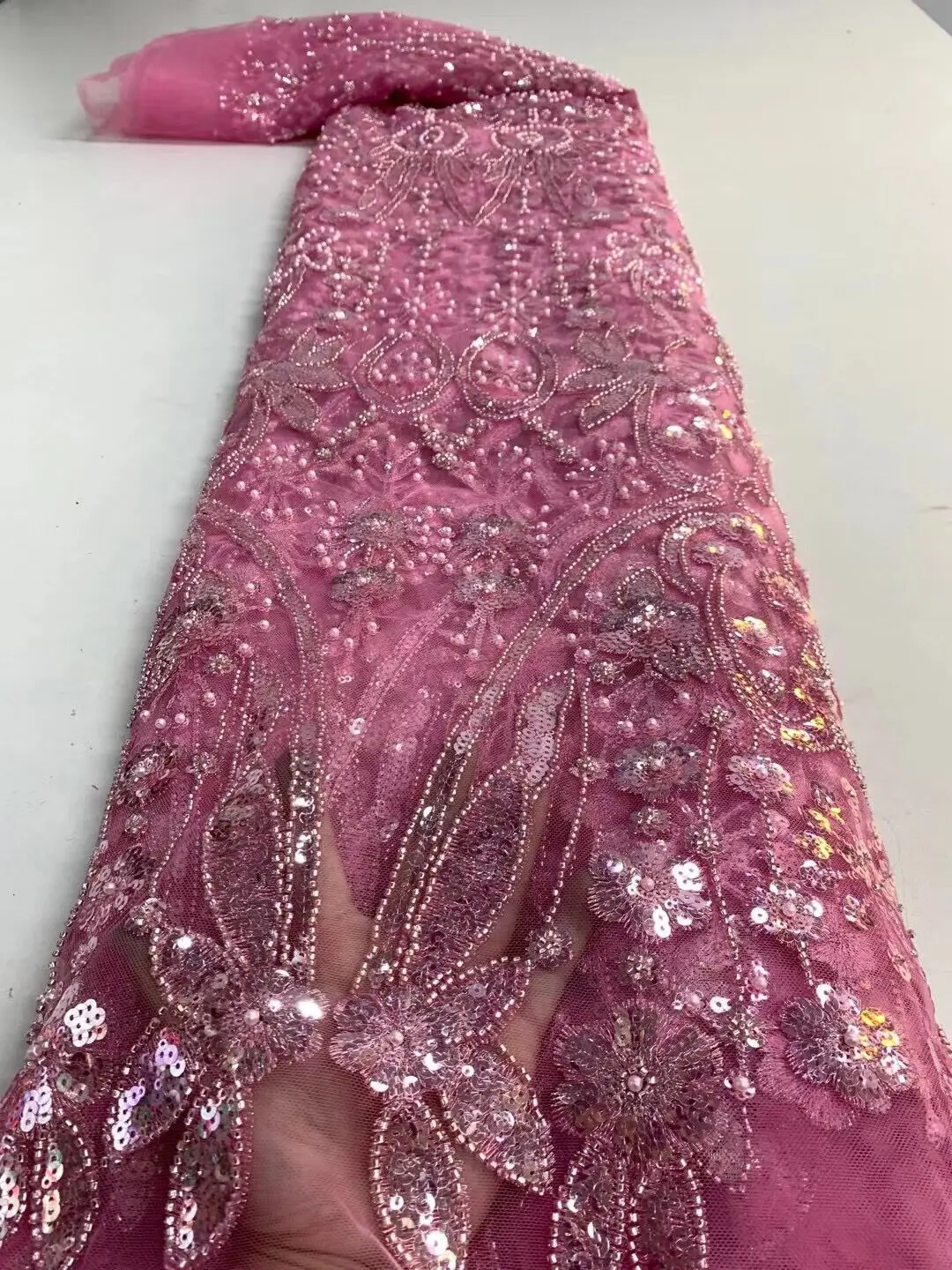 

African Lace French Sequin Fabric S-1206284 Embroidery Tulle Lace Fabrics With beads For Nigeria Wedding Dress Sewing