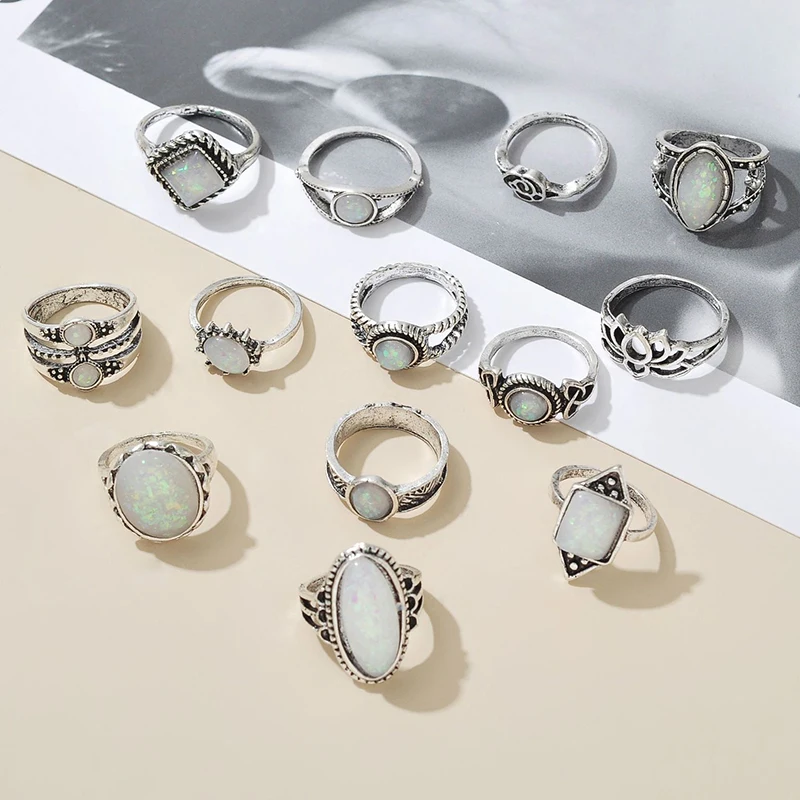 Bohemian Opal Stone Rings Sets For Women Antique Carving Knuckle Ring Female Fashion Jewelry Accessories