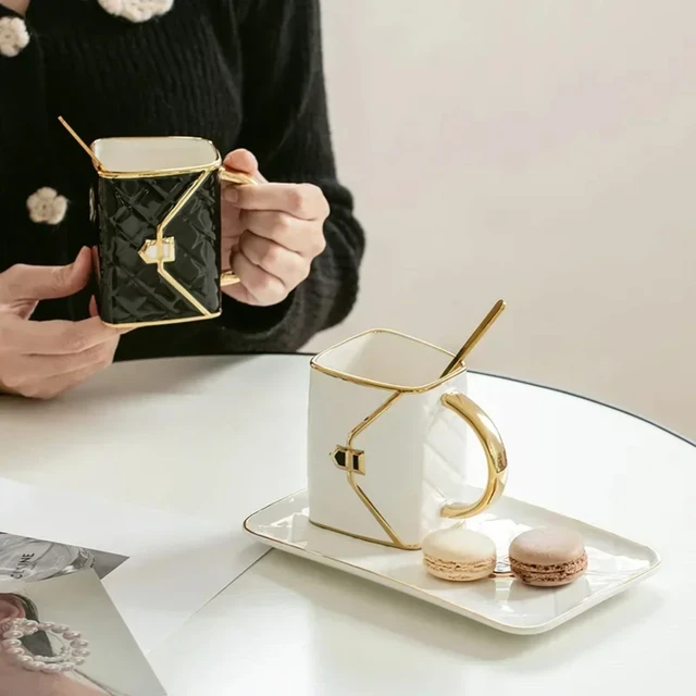 Taza con forma de bolsa de cerámica, taza de café Luruxy, bolso de mano, tazas con forma de platillo, juego de postre, tazas de té de la tarde, regalo - Image 2