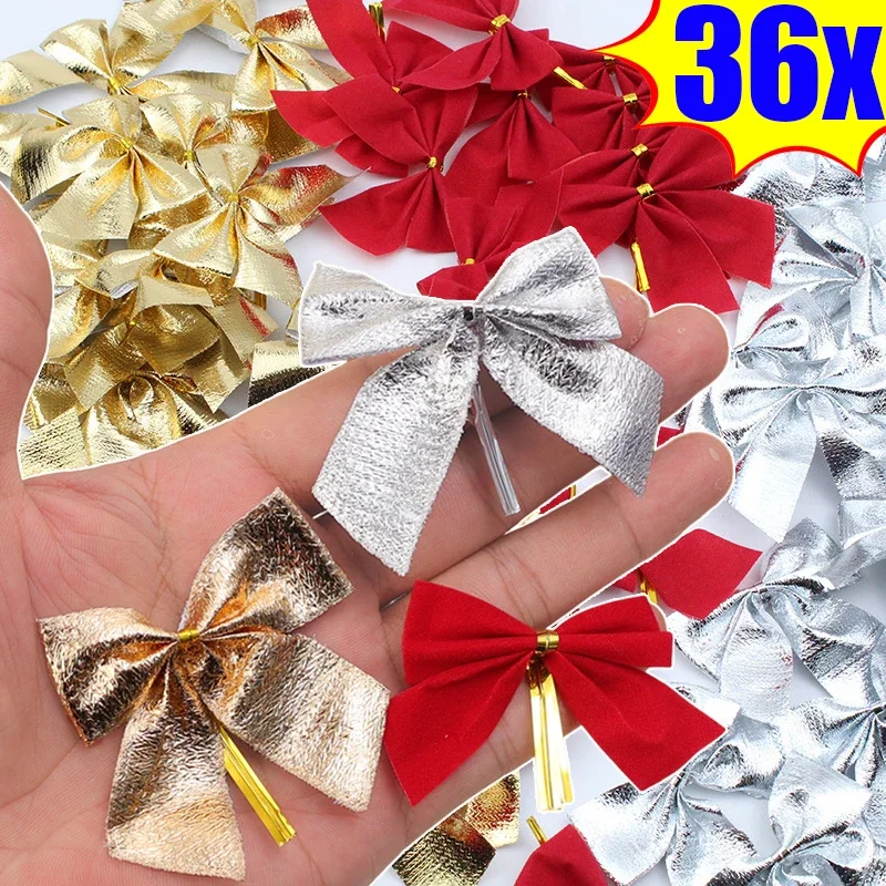 36/12PCS Christmas Bows Hanging Decorations Red Gold Silver Bowknot Christmas Tree Ornaments New Year Xmas Party Gift Decoration