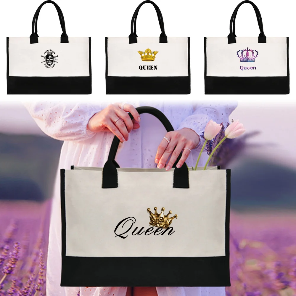 New Portable Women's Handheld Shopping Bag Reusable and Environmentally Friendly Jute Shopping Queen Series Printing Pattern