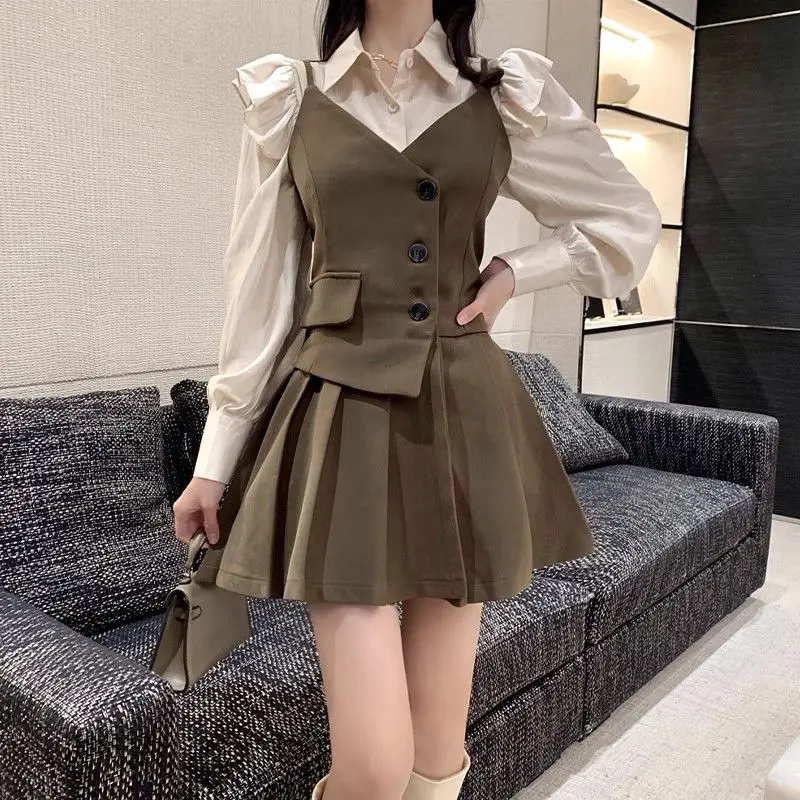 Women's Preppy Style Blouse Overall Mini Dresses Suits 2024 Spring