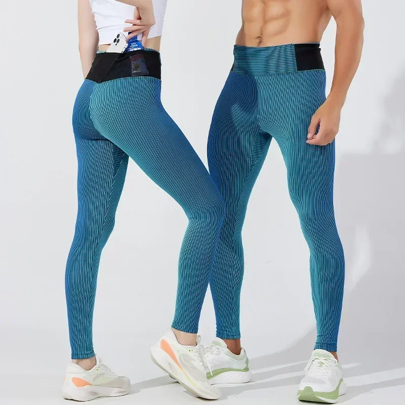Marathon Running Tights Men's Gym Compression Pants Pockets Elastic Yoga Leggings Sports Fitness Double Deck Workout Trousers