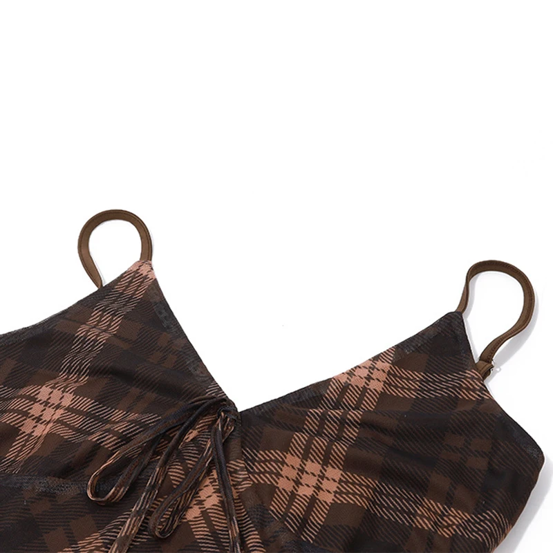 y2k Plaid Dress Women Vintage Clothes V Neck Spaghetti Strap Sleeveless Side Split Long Desses Going Out Party Dresses