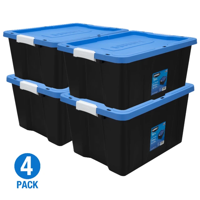 Hart - 40 Gallon Heavy Duty Latching Plastic Storage Bin, Black Base/Blue Lid, Set of 3