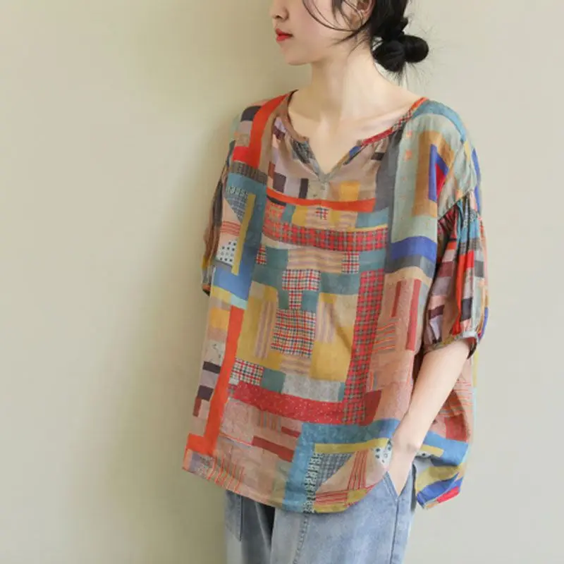 

Fashion V-Neck Spliced Loose Printed Blouse Women's Clothing 2023 Summer New Casual Pullovers All-match Commuter Shirt