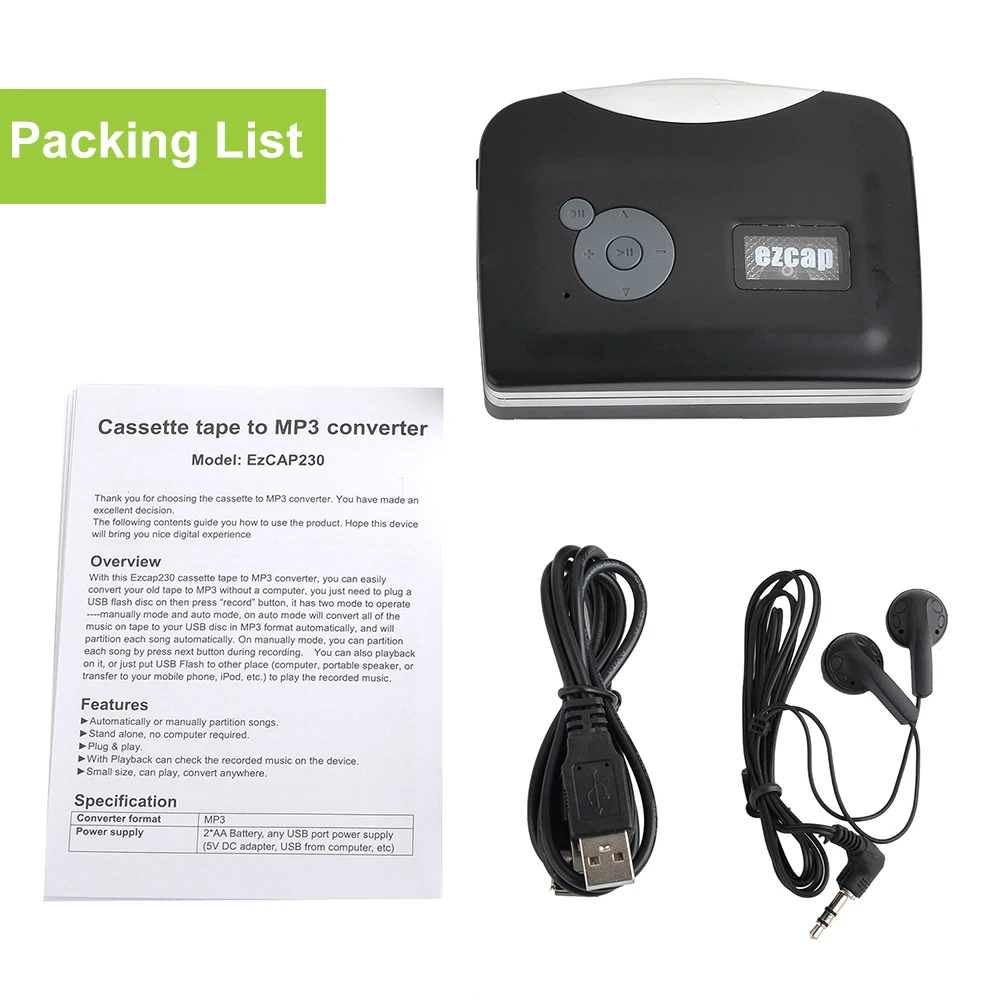 ezcap230 USB Cassette Player w/ Earphones Tape-to-MP3 Converter Walkman Voice Recorder Built-in Speaker Microphone