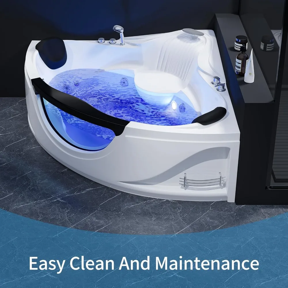 Acrylic Whirlpool Bathtub - Fan Shaped Corner Back to Wall Freestanding Whirlpool Tub, Therapy Hydro-Massage Soaking Tub with 5