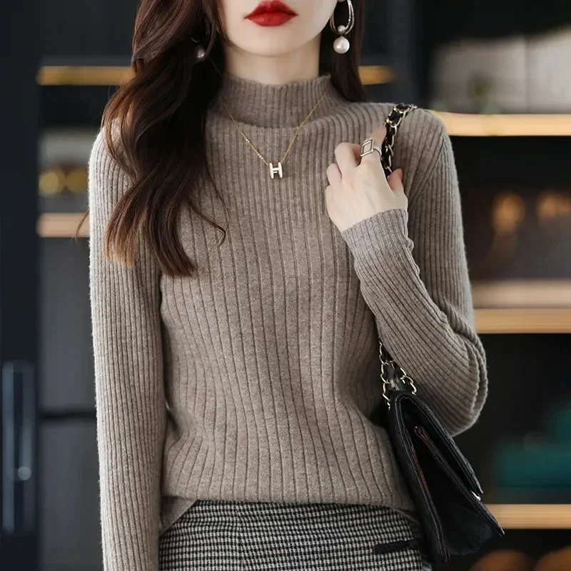 

2024 New Women Pullover Turtleneck Sweater Autumn Long Sleeve Slim Elastic Korean Simple Basic Cheap Jumper Solid Color Top