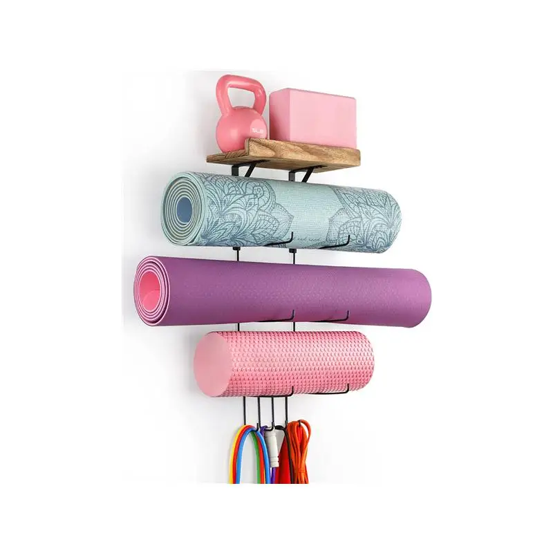 Yoga Mat Holder Acessórios Wall Mount Organizer Decor Foam Roller Toalha  Rack de armazenamento com 4 ganchos & Wooden Shelve - AliExpress