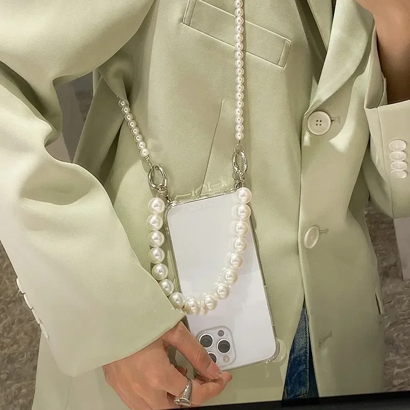 Pearl Bracelet Chain Crossbody Lanyard Phone Case - Soft Silicone Cover
