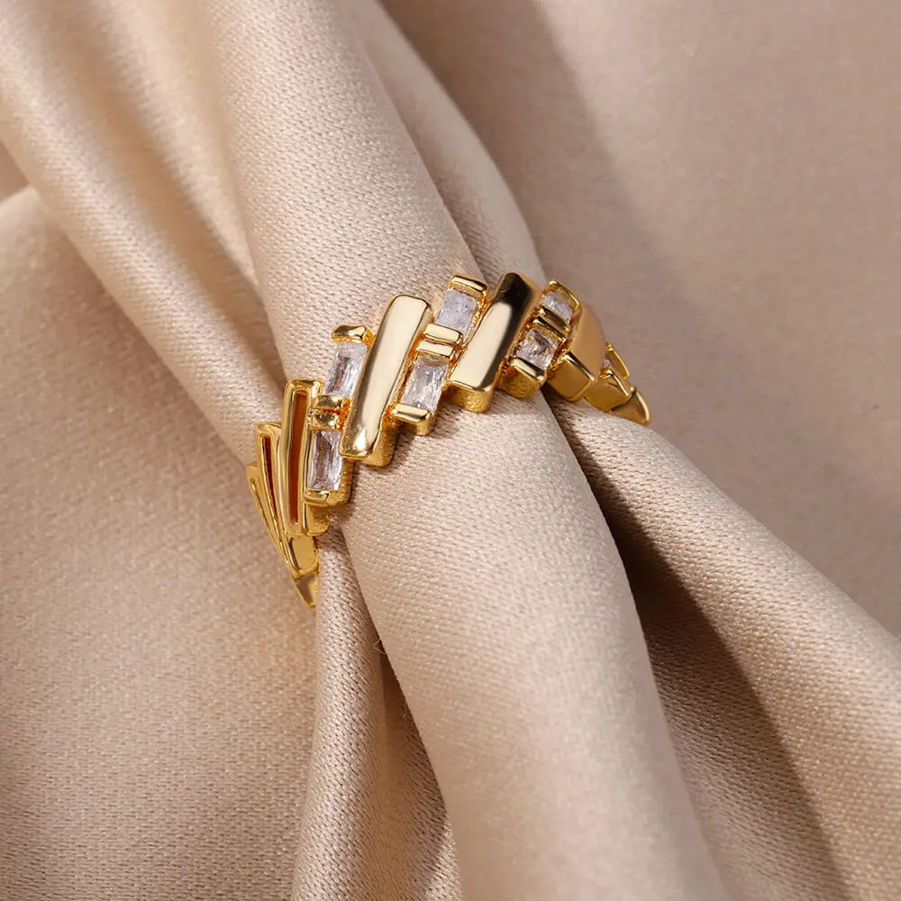 Zircon Bar Rings Gold Plated Stainless Steel Opening Ring For Women