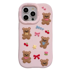 Adorable 3D Bear Bowknot Silicone Phone Case - Kawaii Cartoon Back Cover - iPhone 15 (Bear)