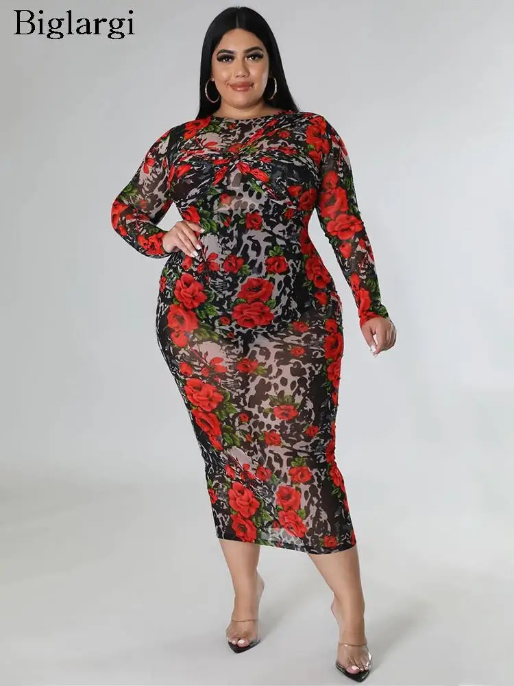 

Plus Size Autumn Pullover Floral Flower Print Long Dress Women Bodycon Fashion Sexy Ladies Dresses Long Sleeve Woman Dress 2023