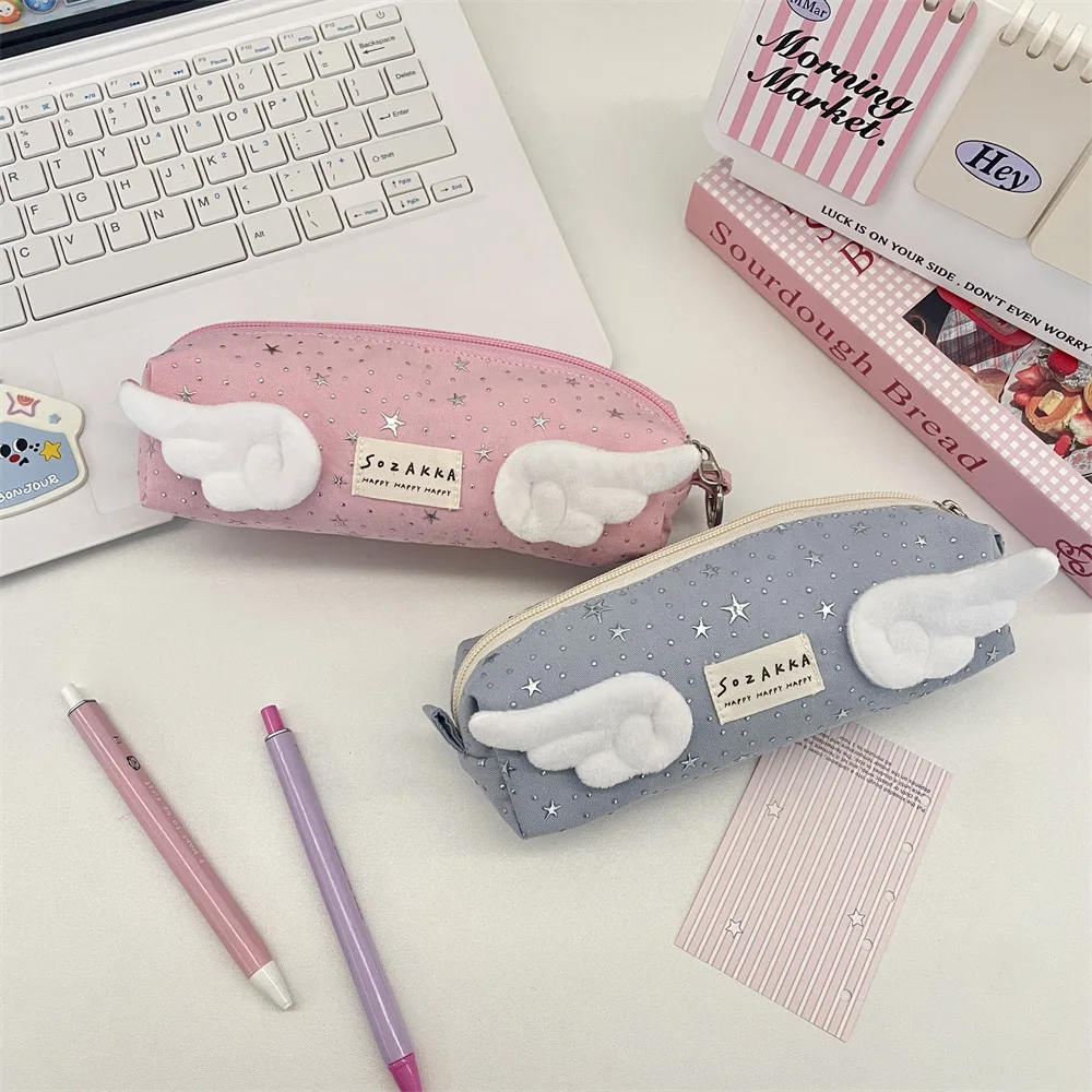 핑크색 물방울 무늬 리본 장식이 있는 고급스러운 흰색 필통, 학교 문구류를 위한 넉넉한 지퍼백