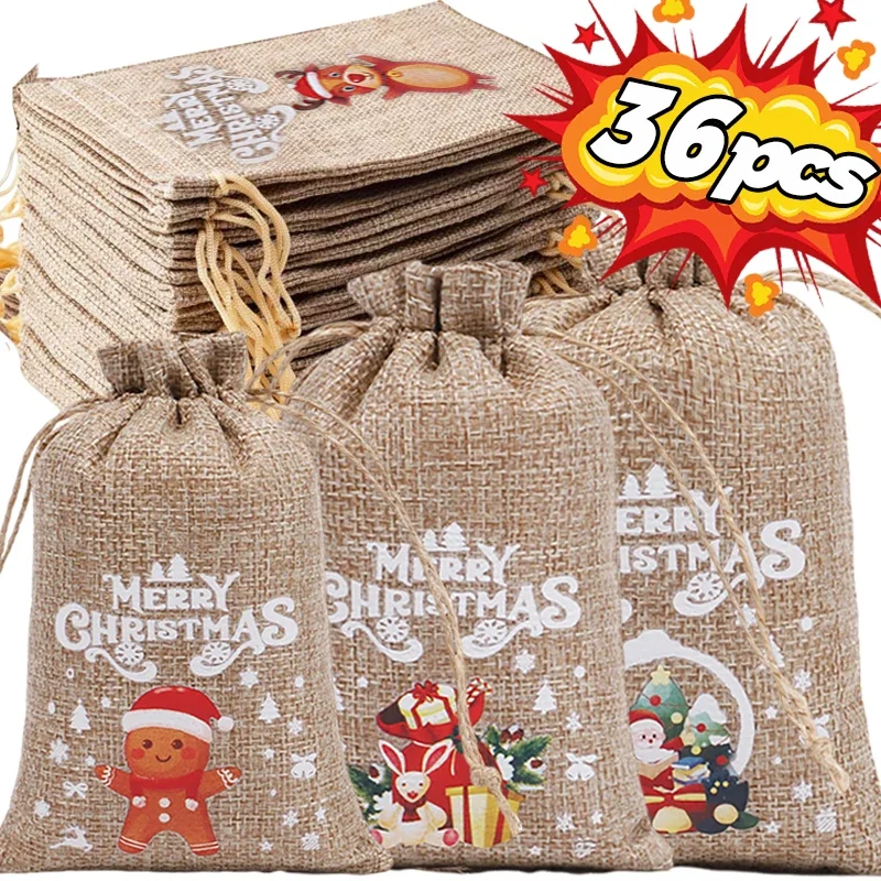 Christmas Linen Drawstring Bags Candy Biscuits Pouchs Burlap Bracelet Jewelry Storage Bag Xmas Kids Gifts Packaging Bags 36-1PC