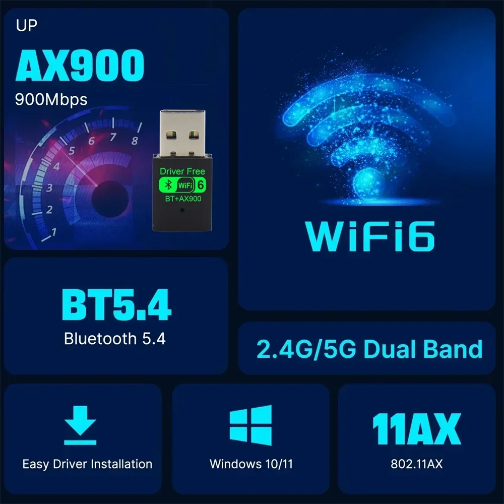 WiFi 6 AX900 블루투스 5.4 WiFi USB 어댑터 무선 네트워크 카드 PC/노트북 Win10/11용 2.4G&5GHz Wi-Fi 안테나 신호 수신기